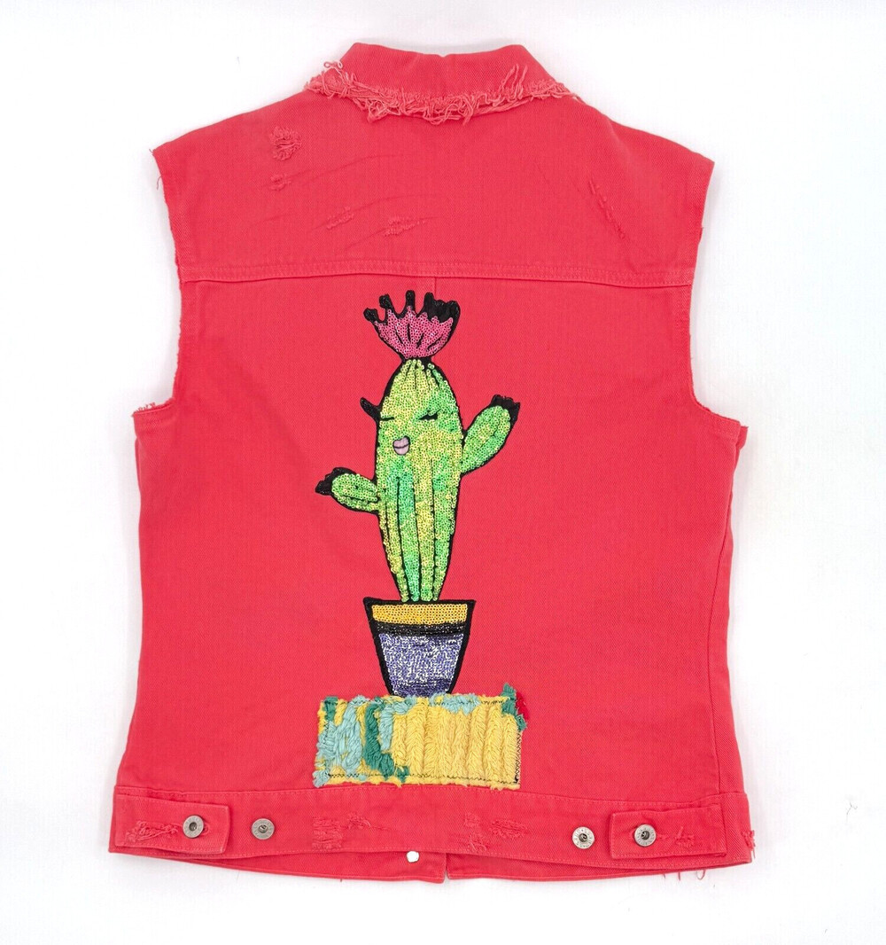 Guess USA Vest Womens Large Coral Denim Cut Off Sleeve Stitched Patch Distressed